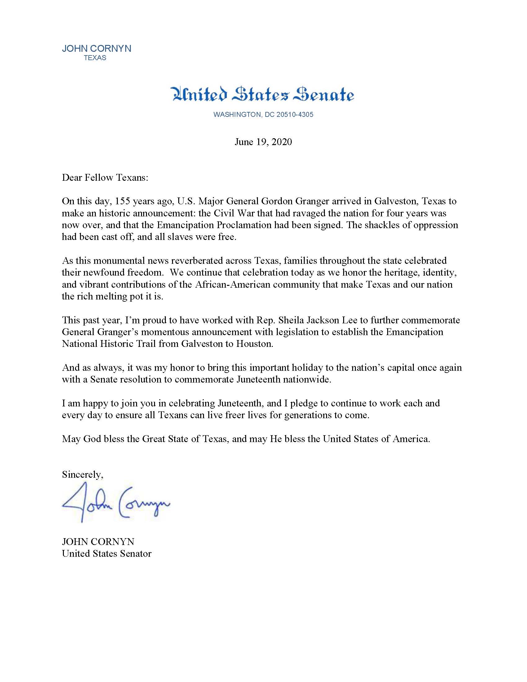 Senator Cornyn's Juneteenth Letter 2020